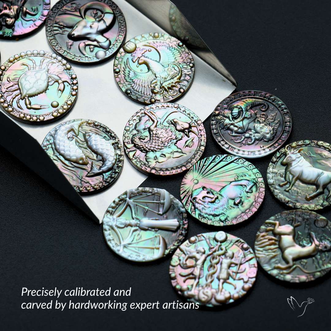 Zodiac Carving in Tahitian Rainbow Mother Of Pearls