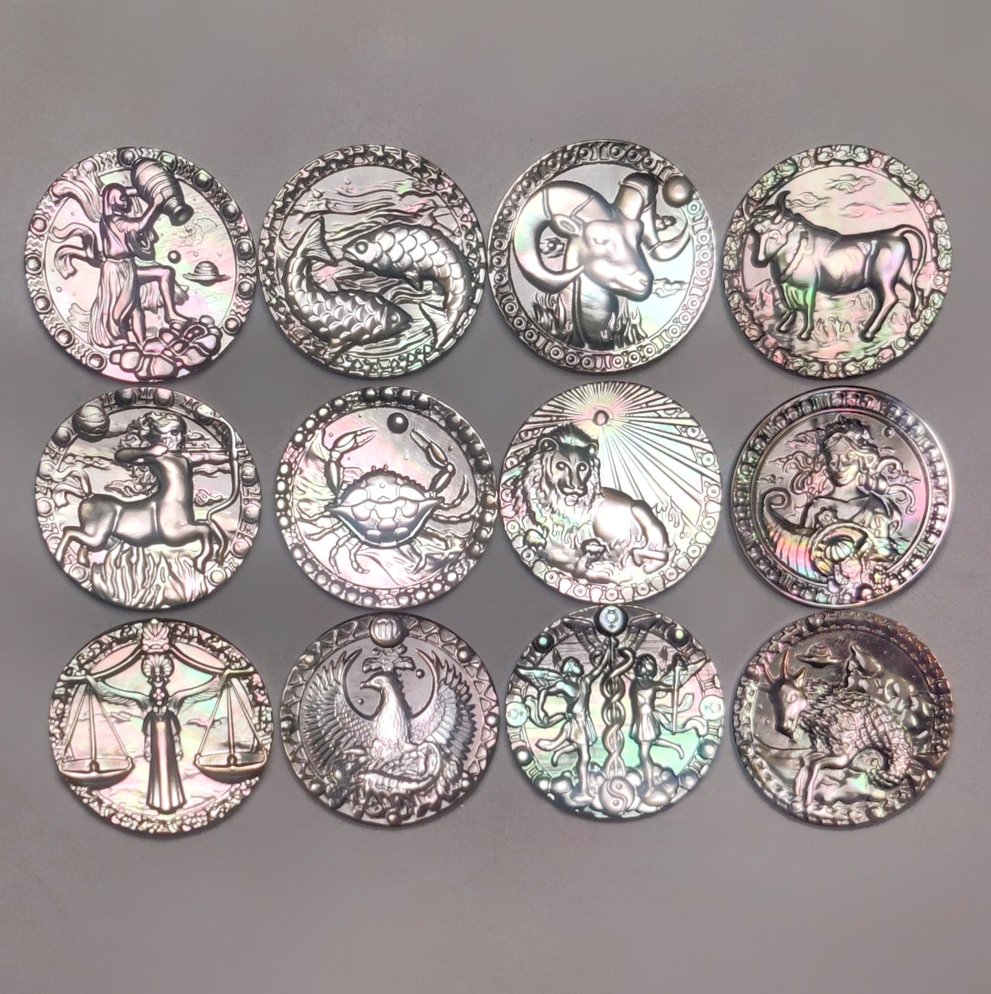 Zodiac Carving in Tahitian Rainbow Mother Of Pearls