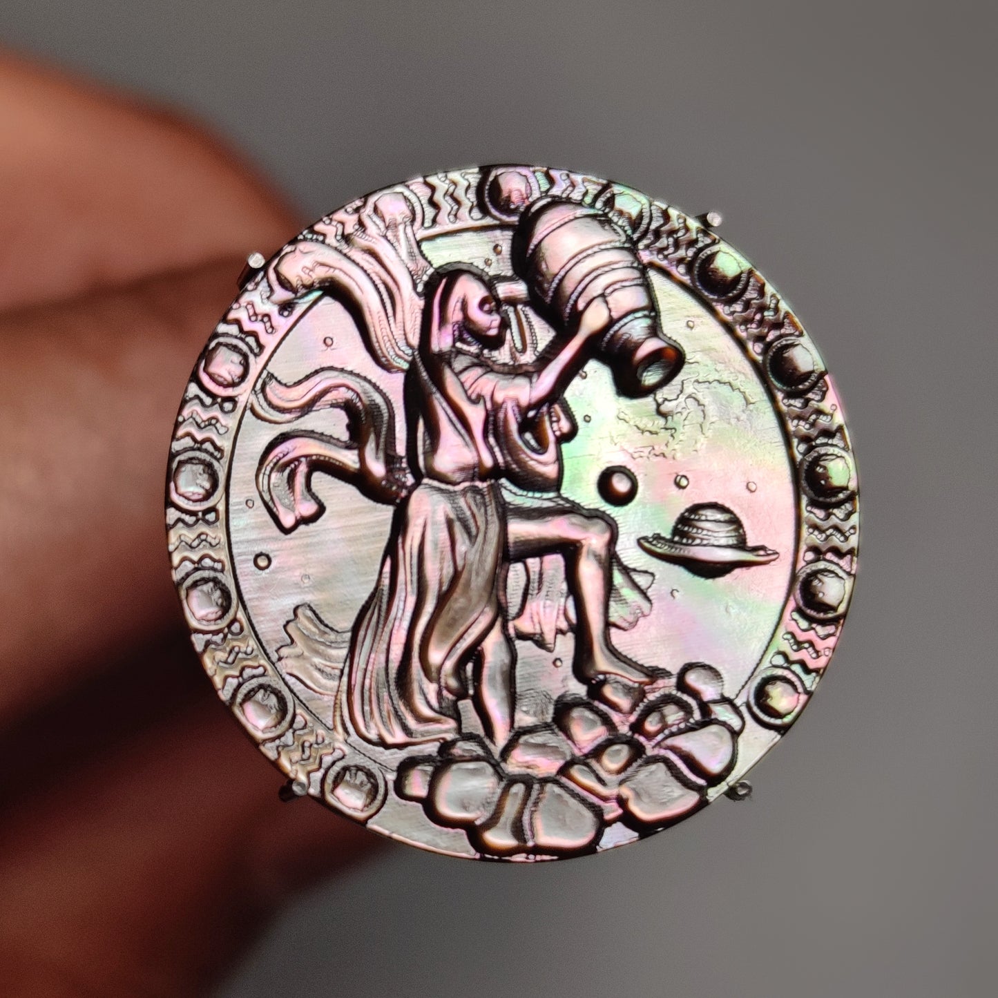 Zodiac Carving in Tahitian Rainbow Mother Of Pearls