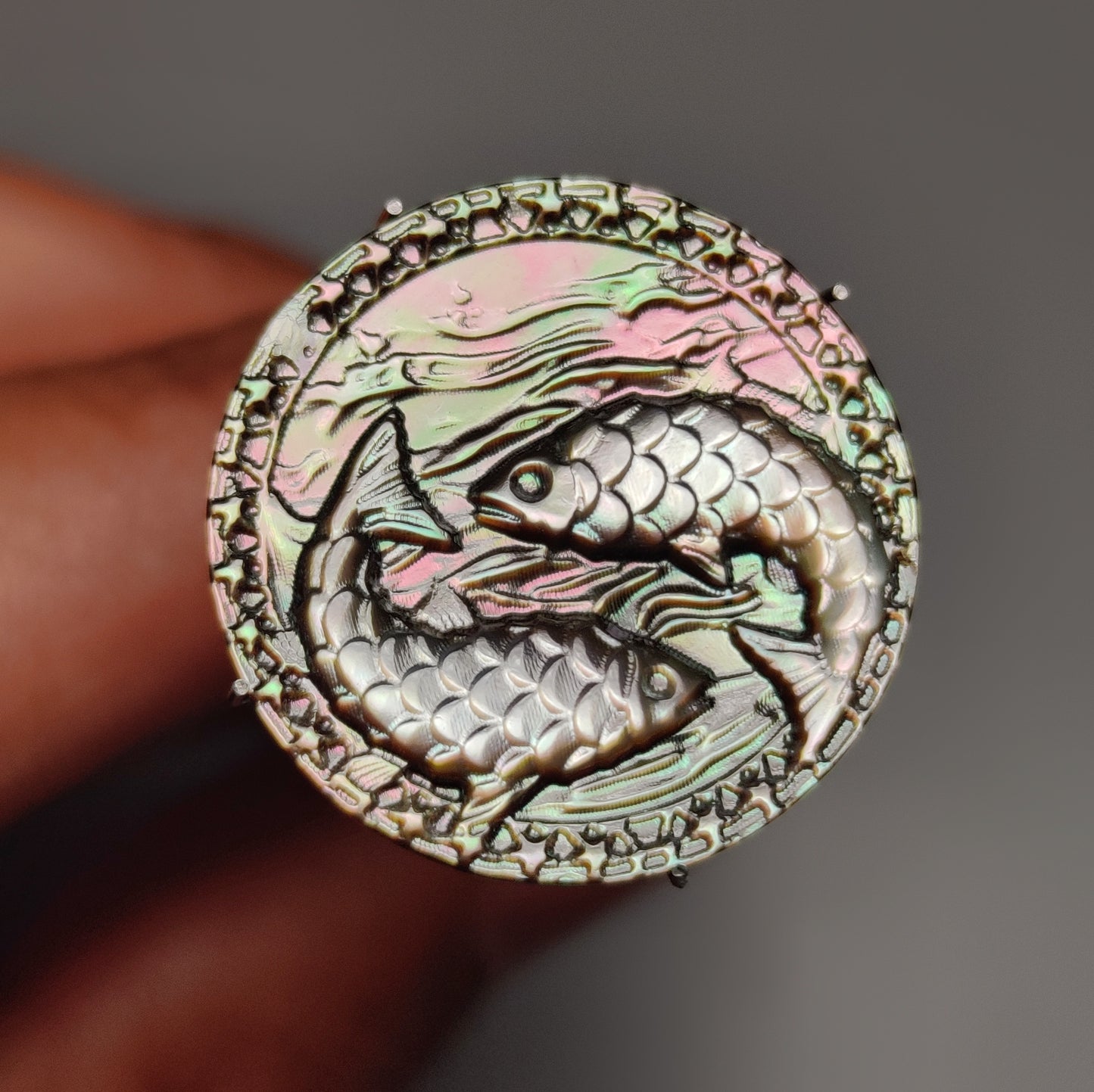 Zodiac Carving in Tahitian Rainbow Mother Of Pearls