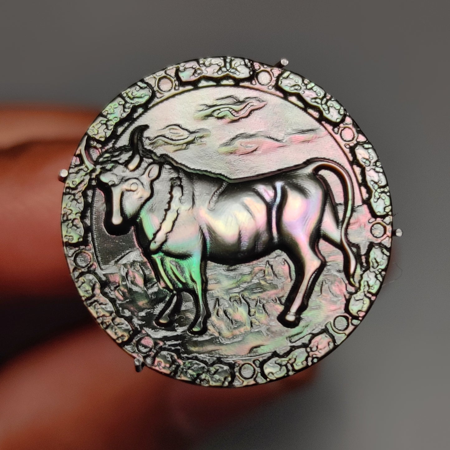 Zodiac Carving in Tahitian Rainbow Mother Of Pearls