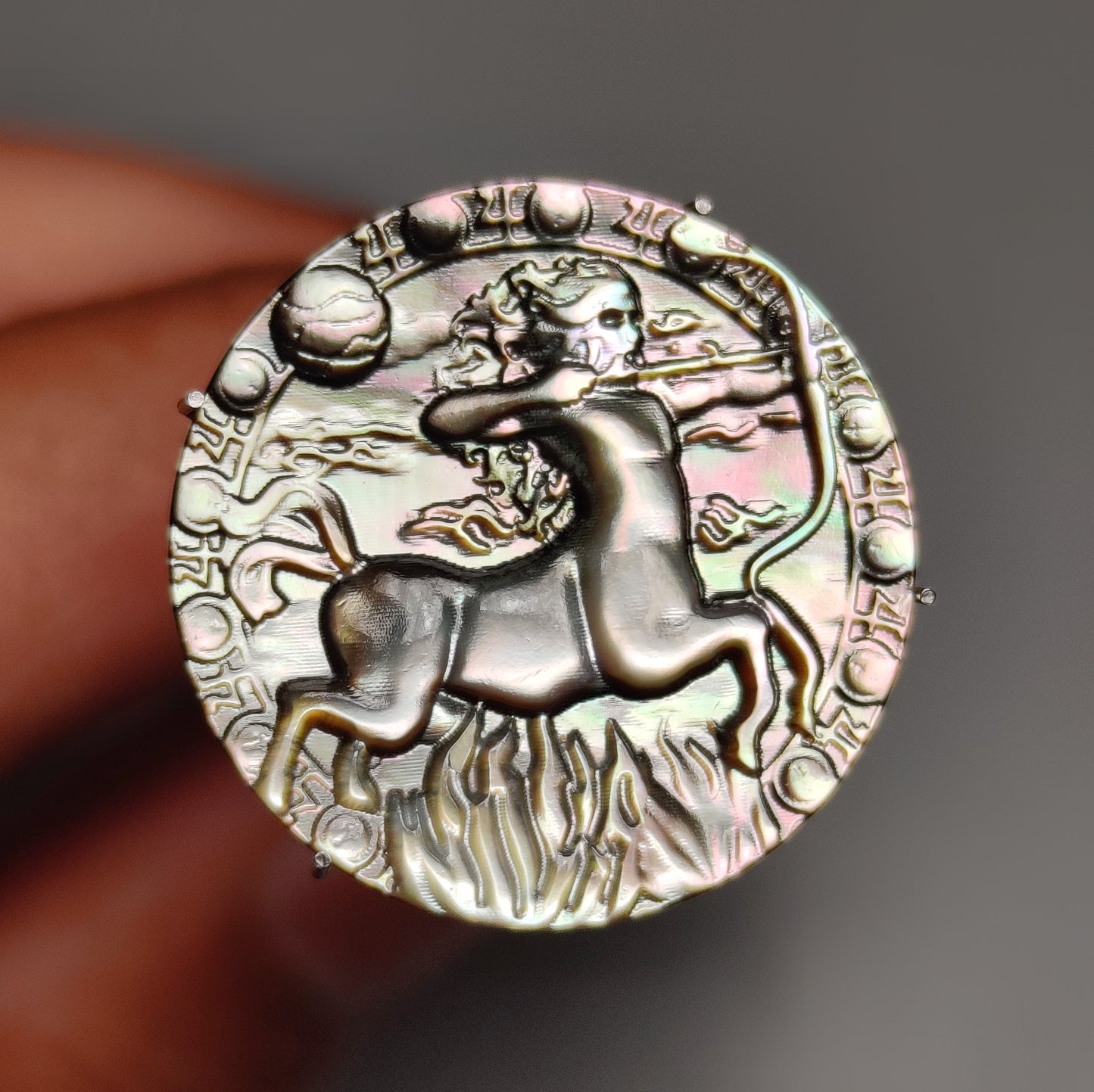 Zodiac Carving in Tahitian Rainbow Mother Of Pearls
