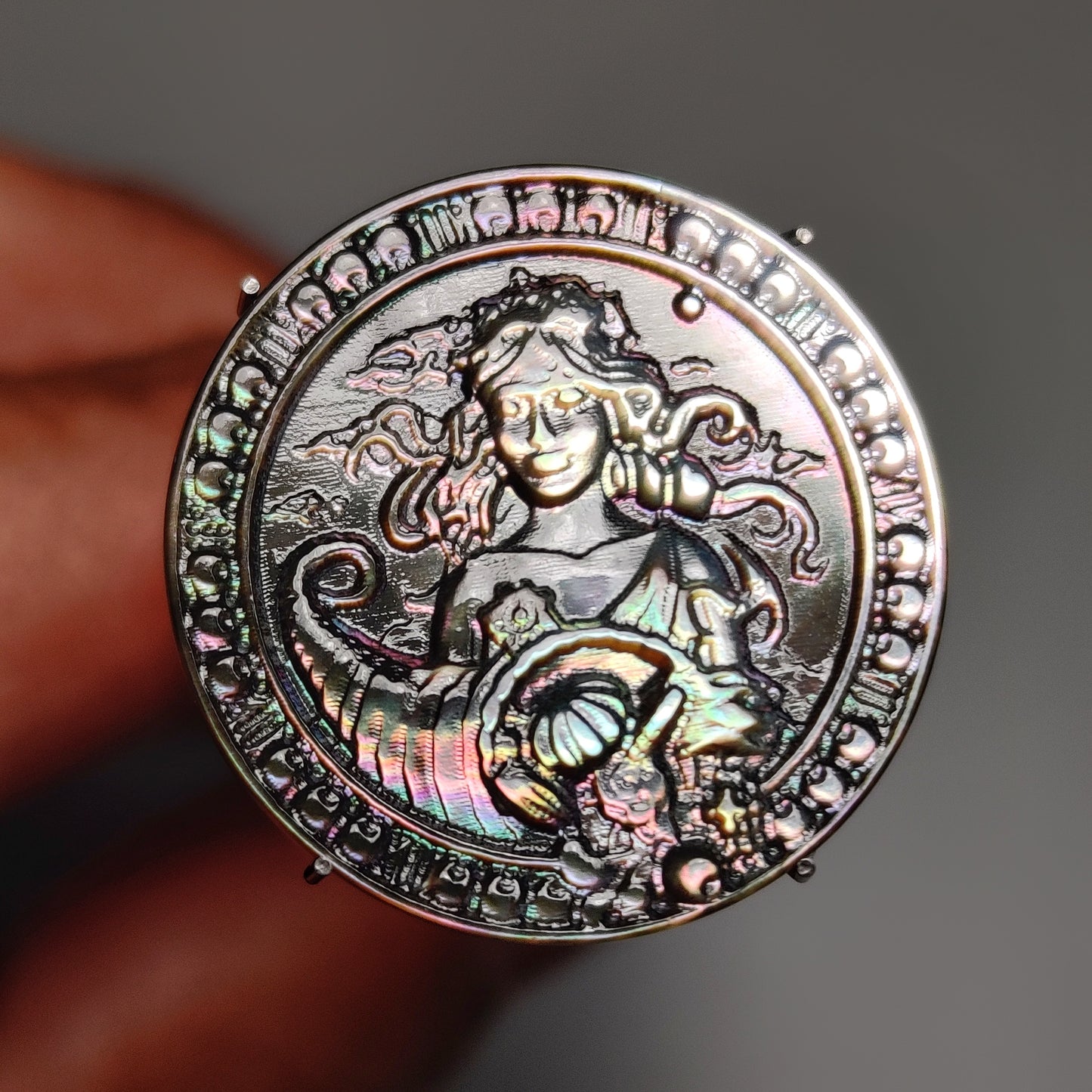 Zodiac Carving in Tahitian Rainbow Mother Of Pearls