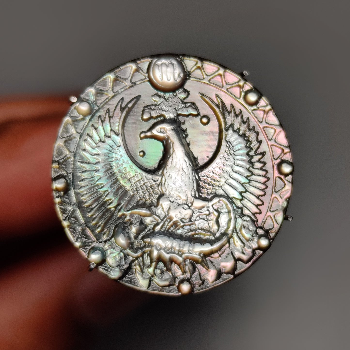 Zodiac Carving in Tahitian Rainbow Mother Of Pearls