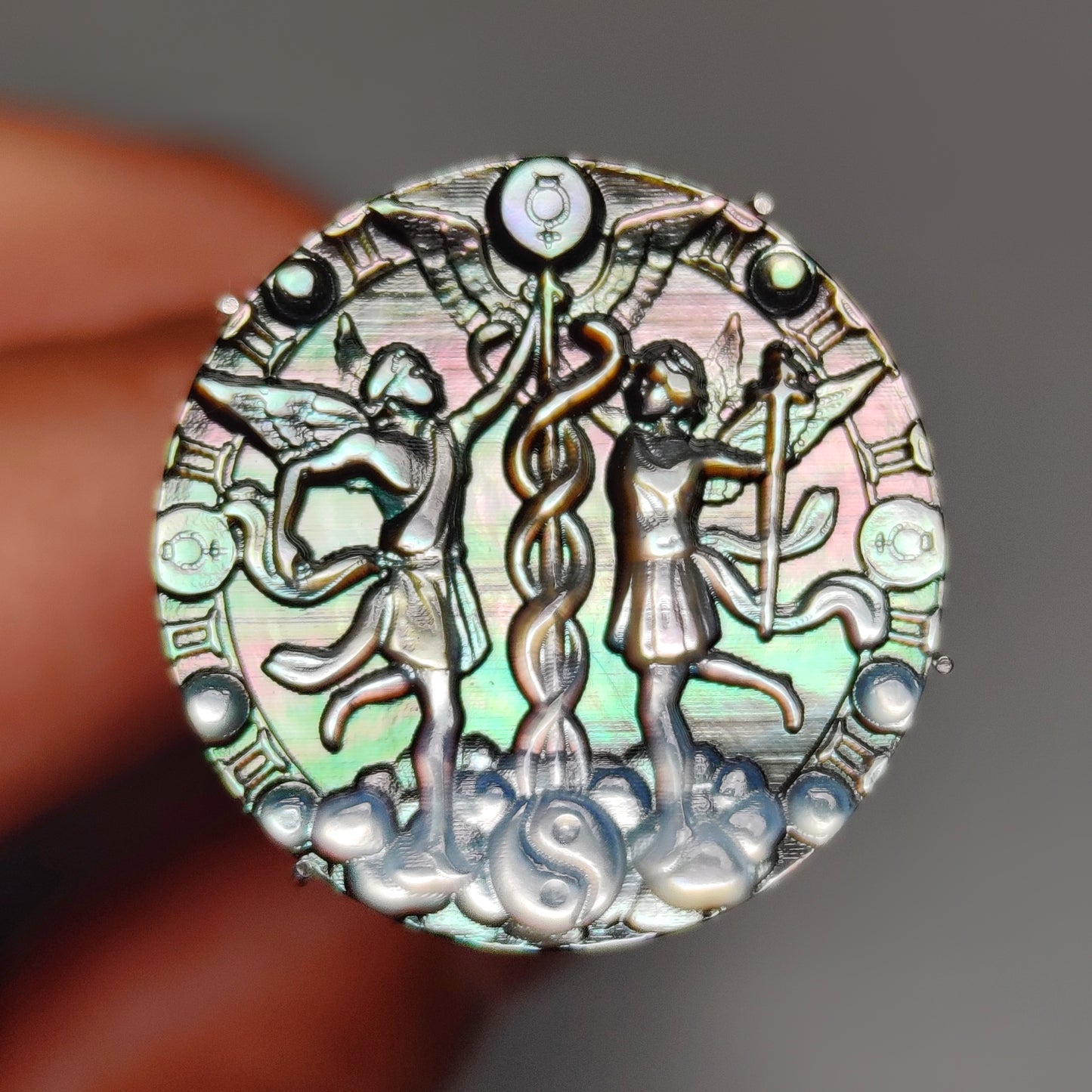 Zodiac Carving in Tahitian Rainbow Mother Of Pearls