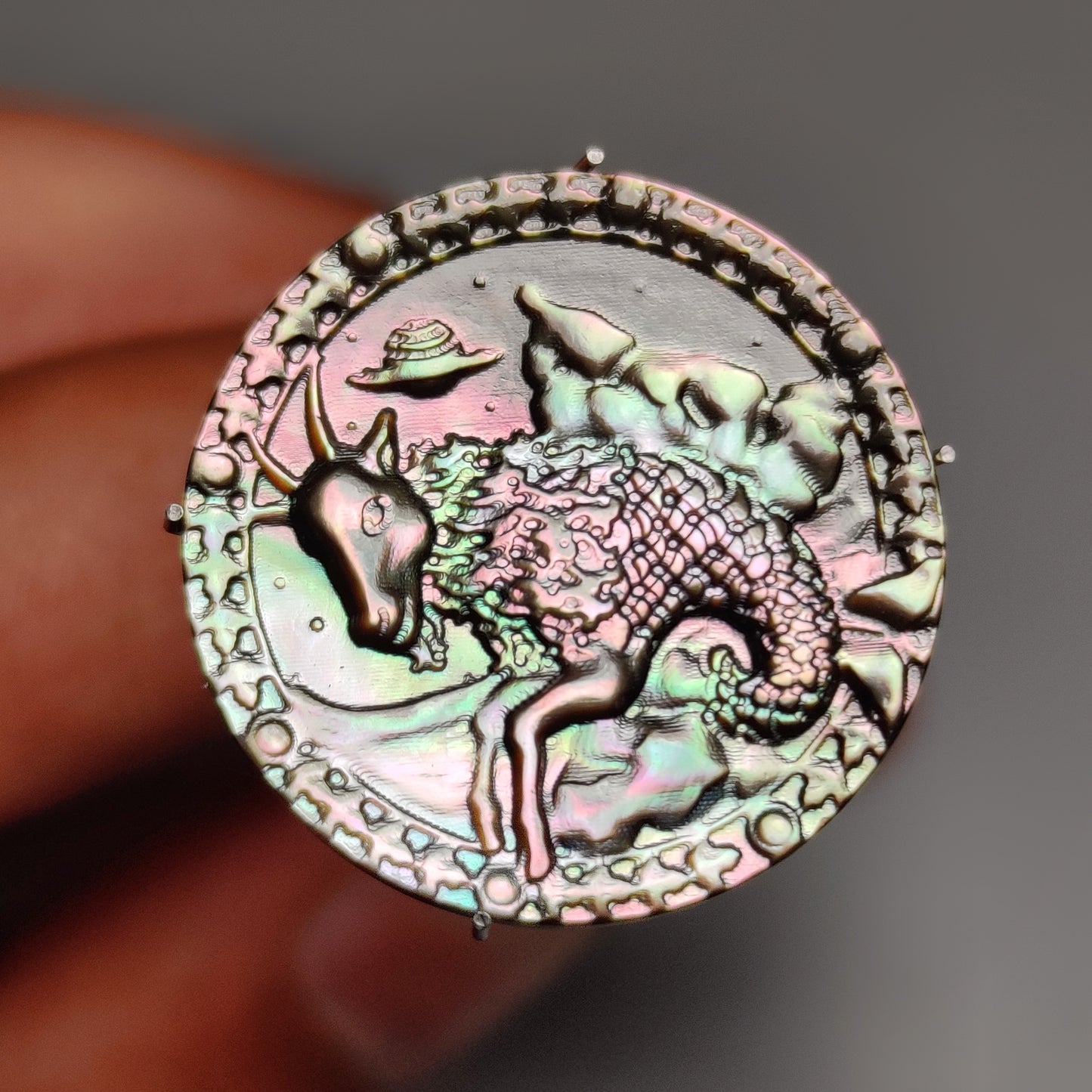 Zodiac Carving in Tahitian Rainbow Mother Of Pearls