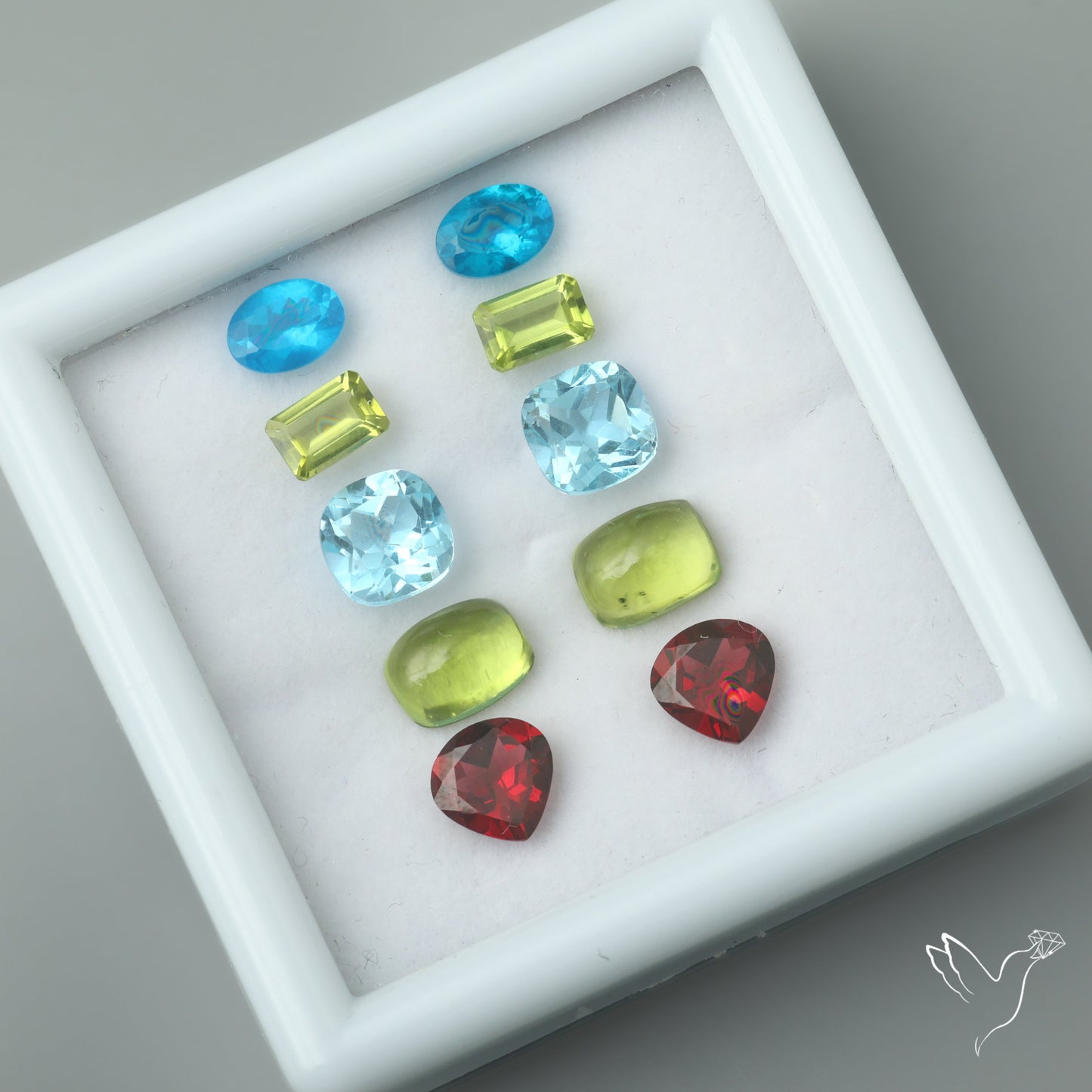Neon Apatites, Peridot, Blue Topaz & Rhodolite Garnets Paired Set