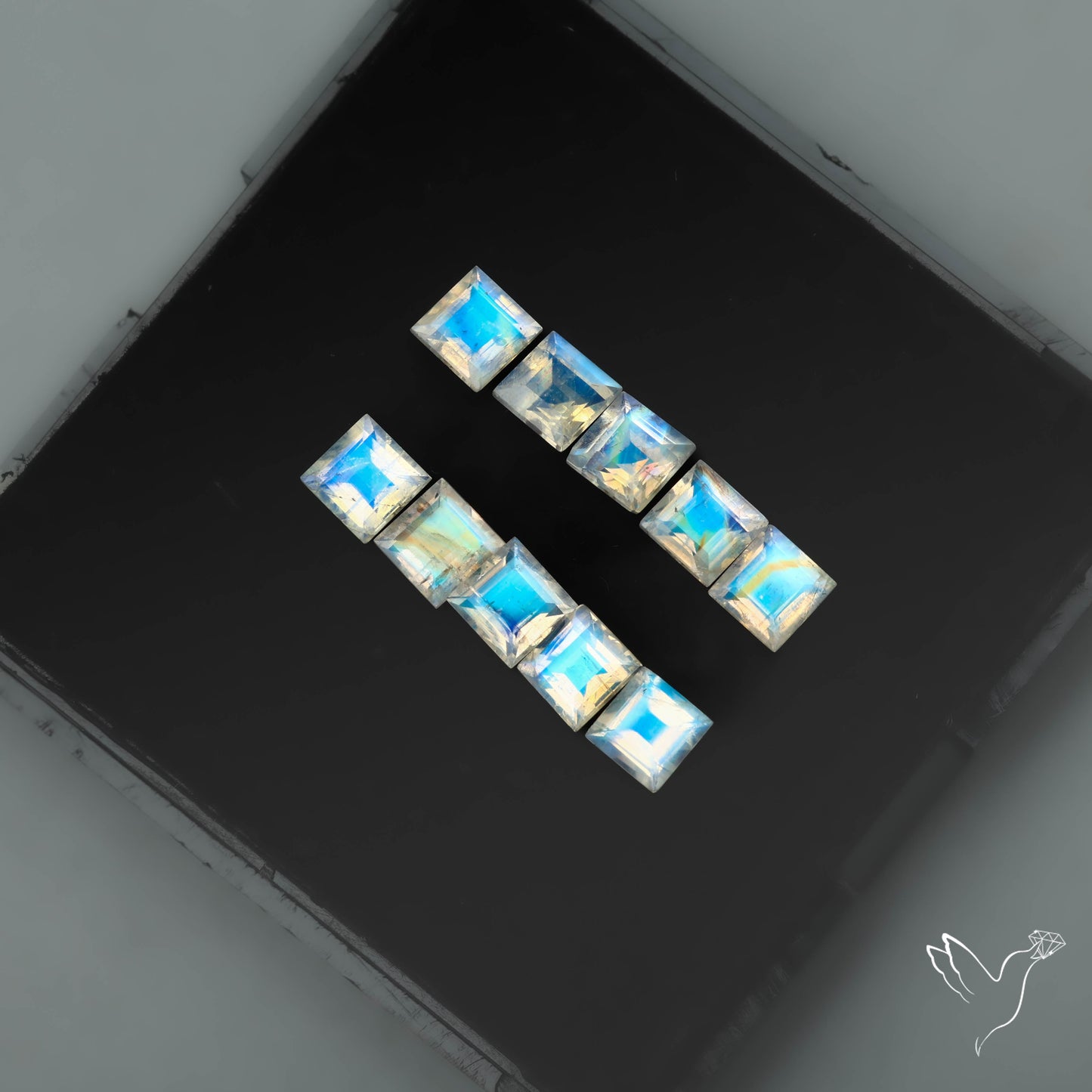 High Grade Rainbow Moonstone Squares Set Blue Sheen