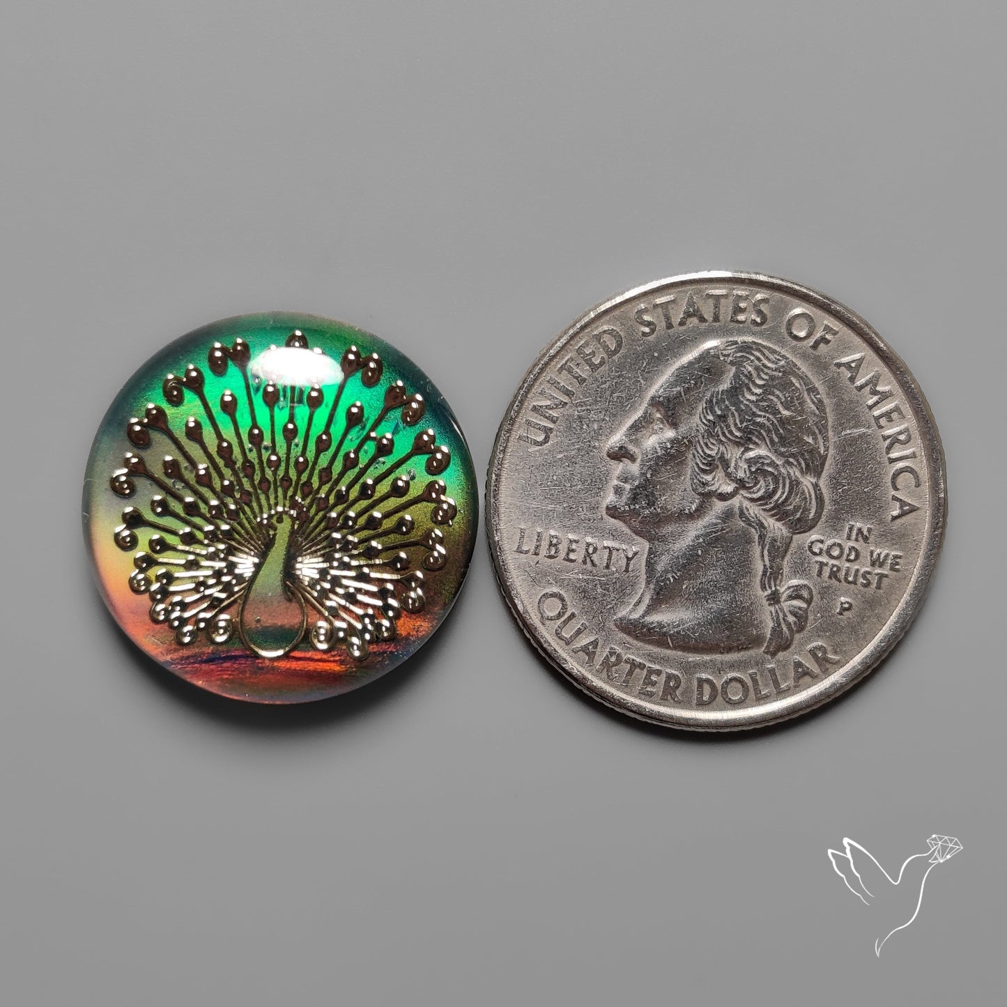 Gilded Peacock Inlay In Aurora Opal Doublet