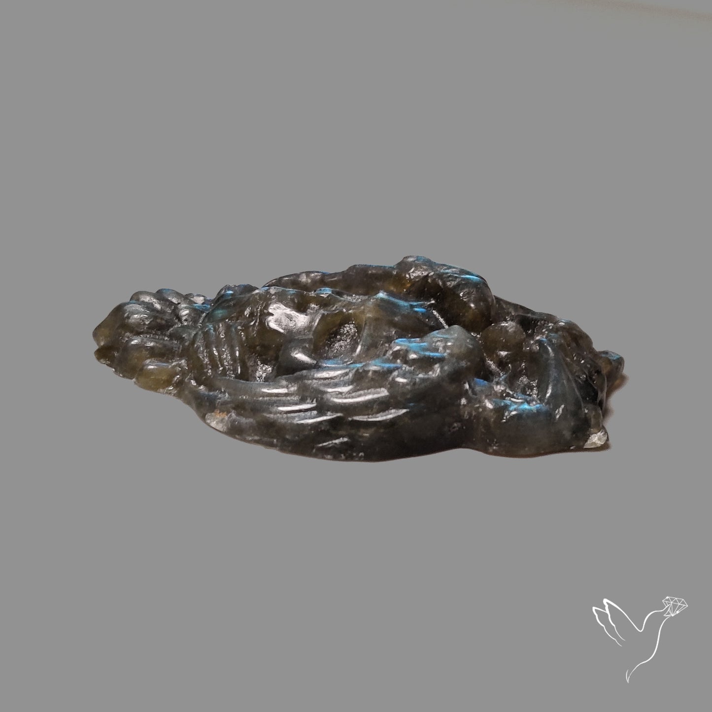 Blue Labradorites Owl with Skull Carving Precision Handcarved