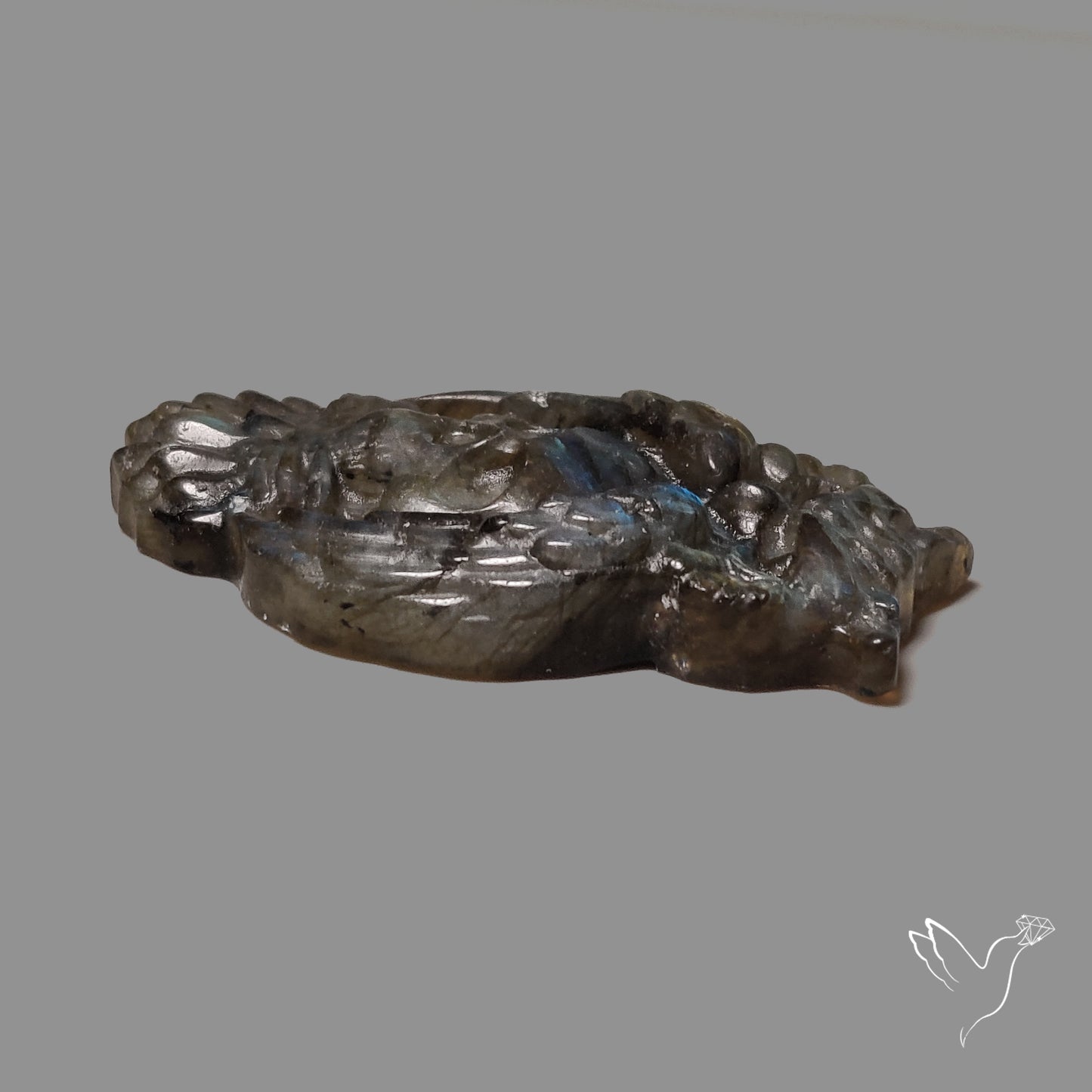 Blue Labradorites Owl with Skull Carving Precision Handcarved