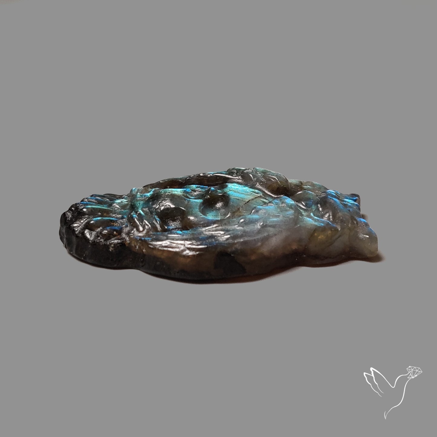 Blue Labradorites Owl with Skull Carving Precision Handcarved