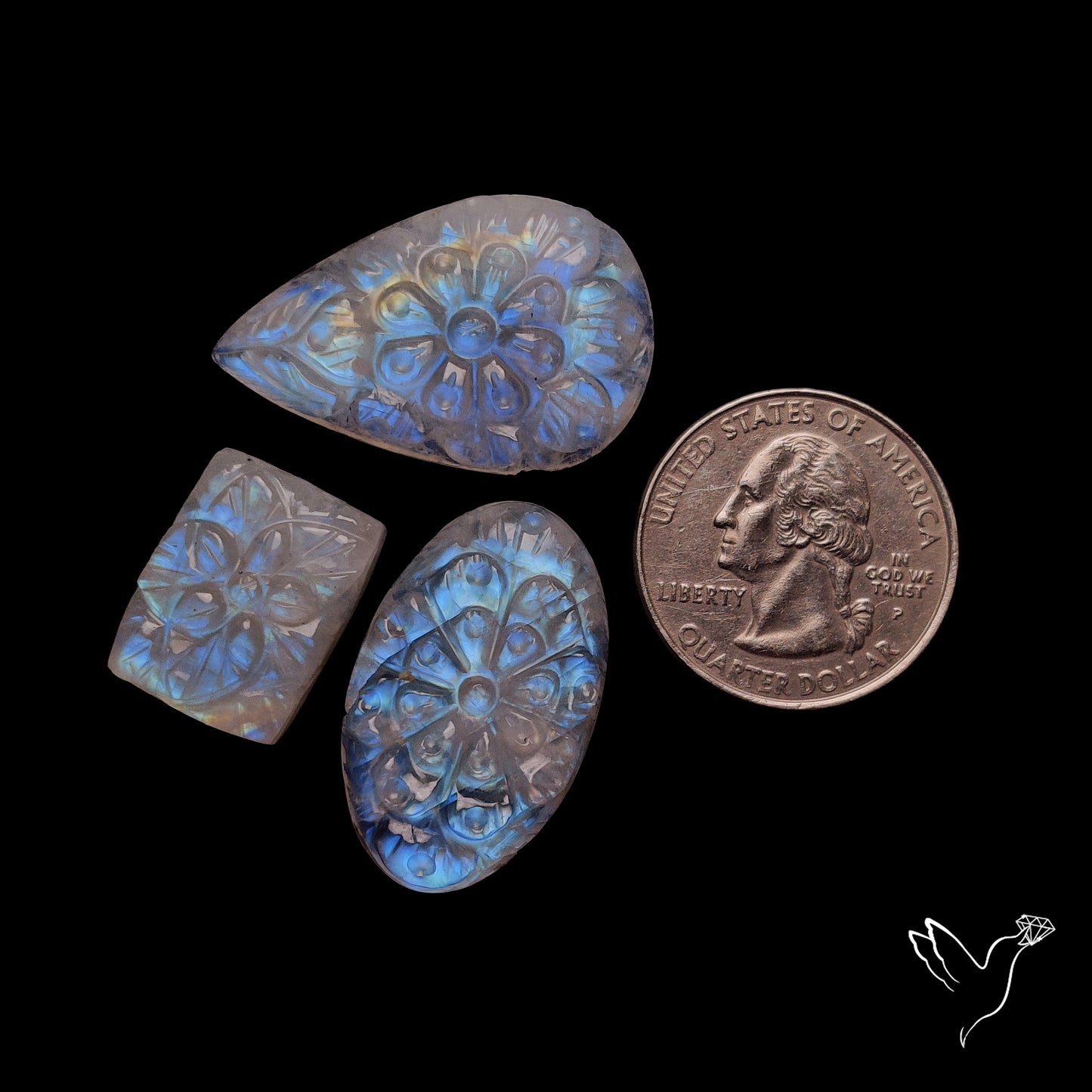 Rainbow Moonstone Mughal Carvings Lot