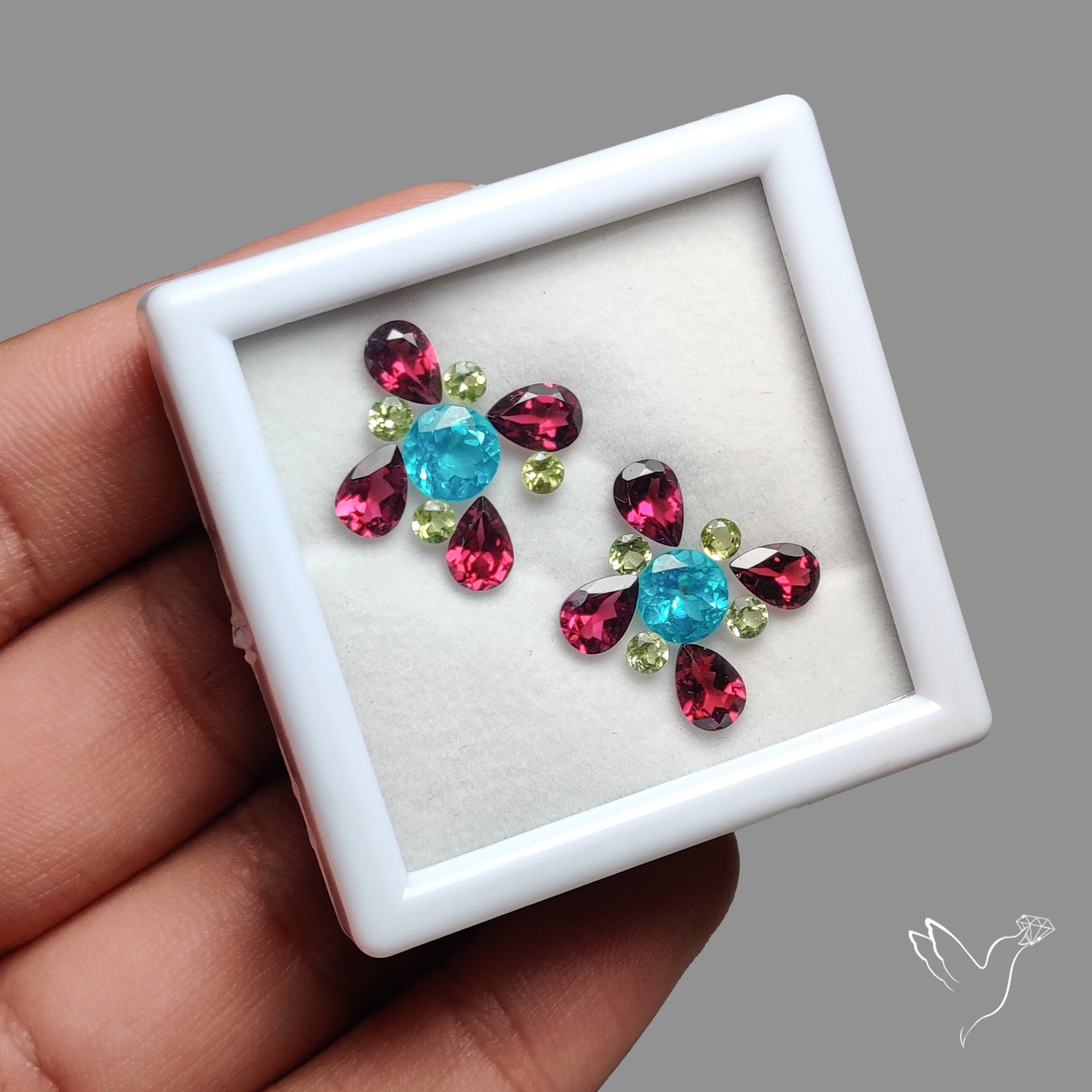Faceted Neon Apatite, Rhodolite Garnet and Peridot Set Fine Gemstones