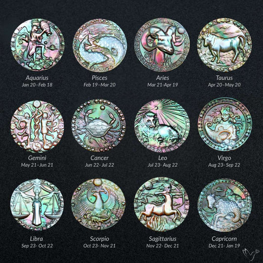 Zodiac Carving in Tahitian Rainbow Mother Of Pearls