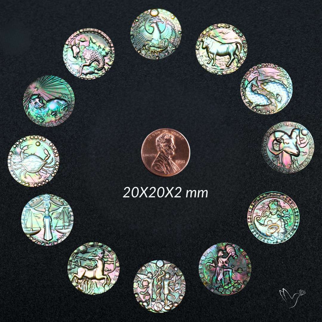 Zodiac Carving in Tahitian Rainbow Mother Of Pearls