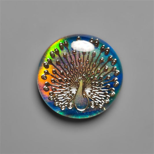 Gilded Peacock Inlay In Aurora Opal Doublet