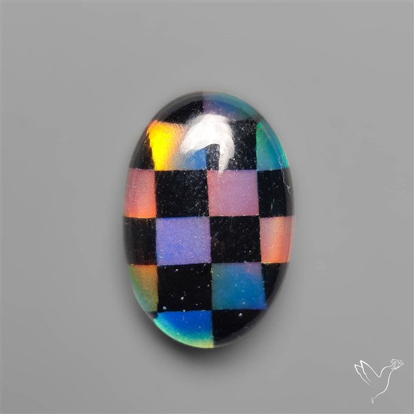 Aurora Opal & Black Onyx In Checkerboard Inlay Doublet