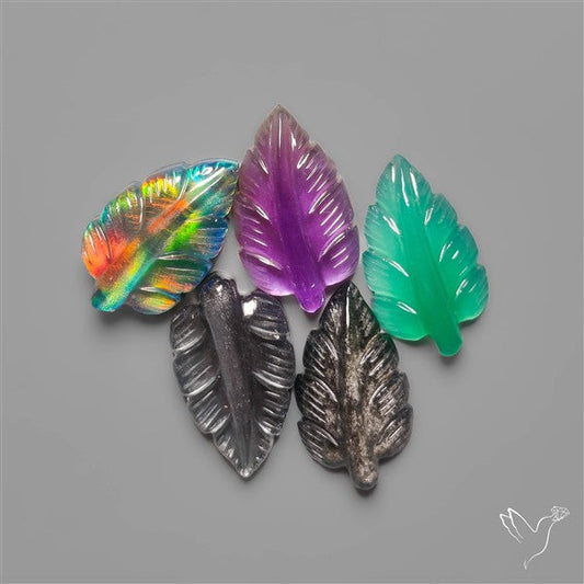 Aurora Opal,Amethyst, Green Onyx, Black Moonstone. Silversheen Obsidian Leaf Carvings Lot