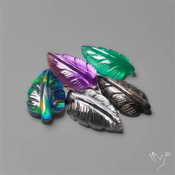 Aurora Opal,Amethyst, Green Onyx, Black Moonstone. Silversheen Obsidian Leaf Carvings Lot