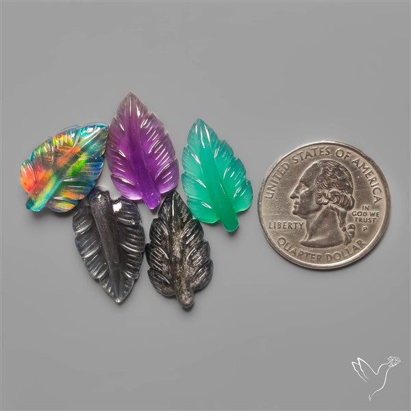 Aurora Opal,Amethyst, Green Onyx, Black Moonstone. Silversheen Obsidian Leaf Carvings Lot