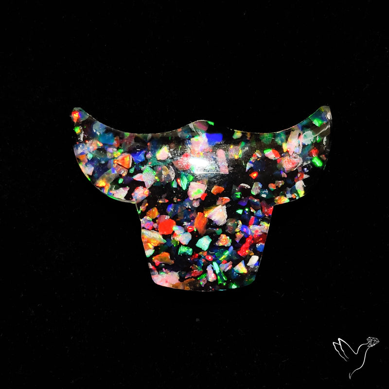 Crushed Aurora Opal Inlay With Himalayan Quartz Doublet Bull Face Carving