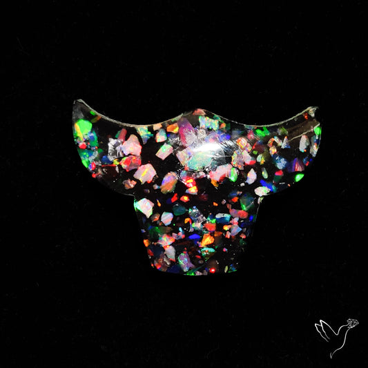 Crushed Aurora Opal Inlay With Himalayan Quartz Doublet Bull Face Carving