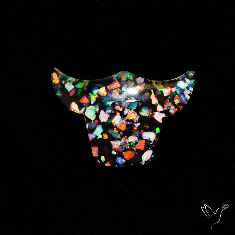 Crushed Aurora Opal Inlay With Himalayan Quartz Doublet Bull Face Carving
