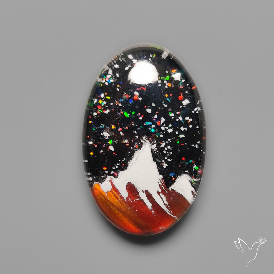 Snow Laden Mountain Artistic Inlay Doublet Cabochon