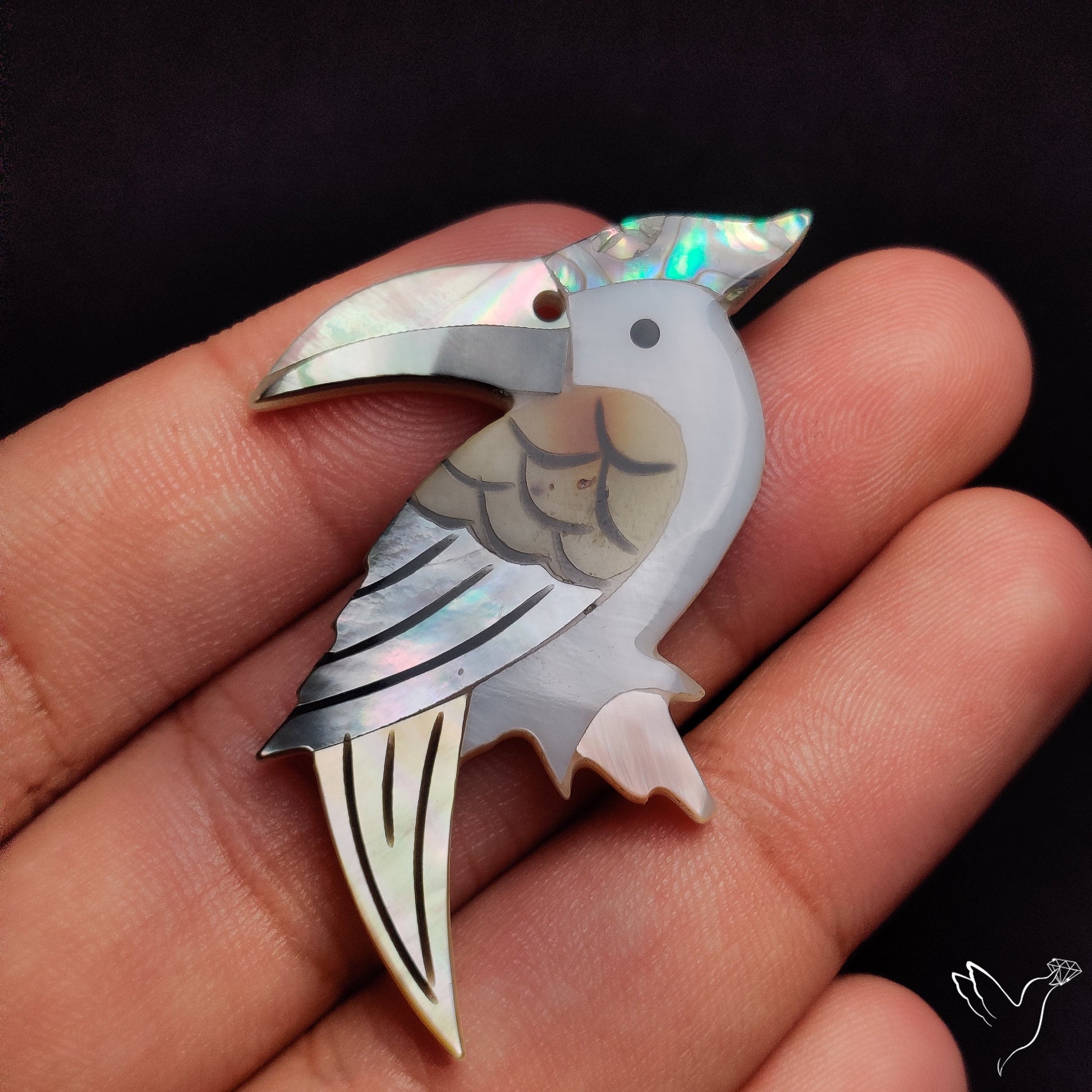 Mother Of Pearl And Abalone Shell Inlay Woodpecker Carving