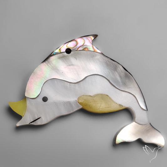 Mother Of Pearl And Abalone Shell Inlay Dolphin Carving