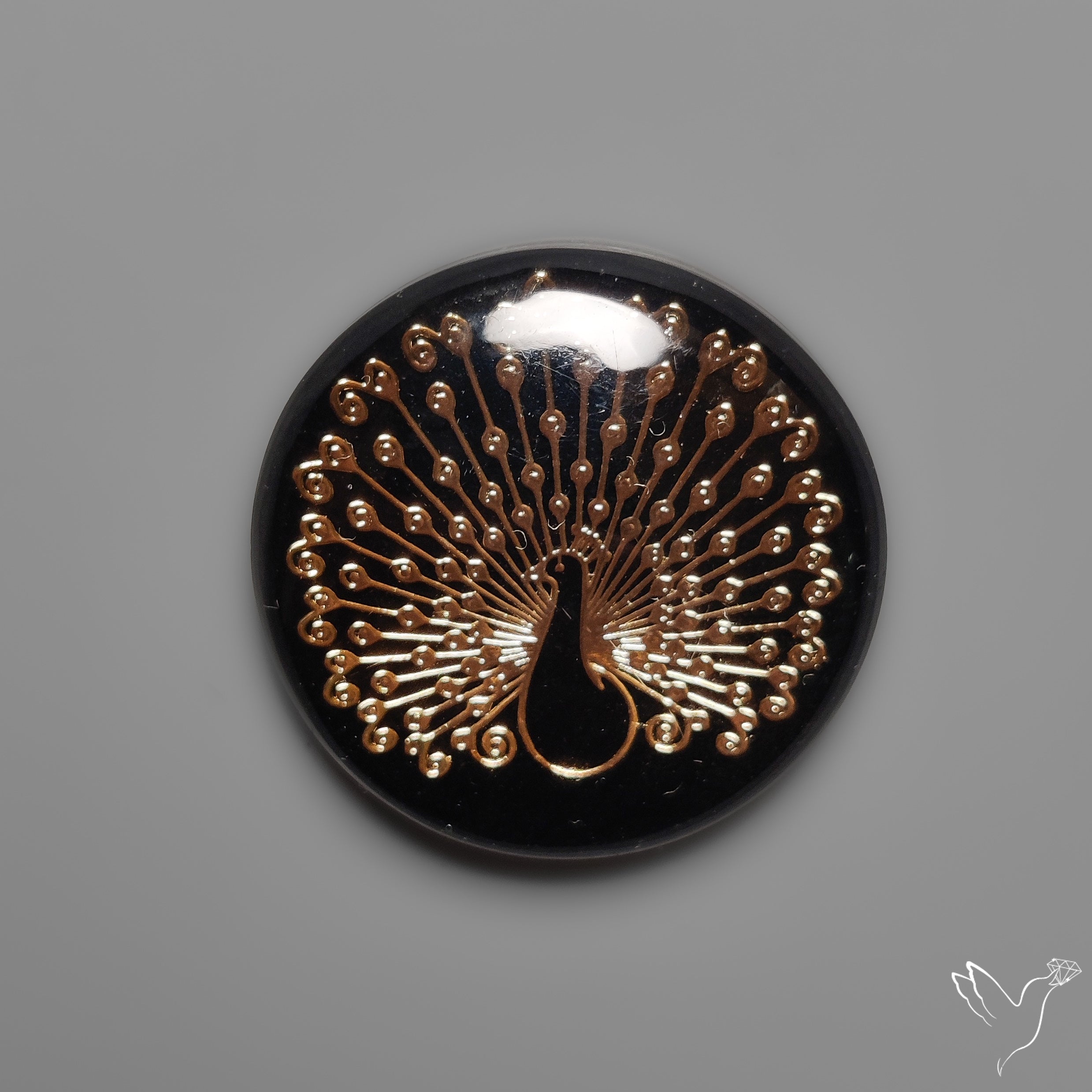 Onyx | Gilded Peacock inlay in Black Onyx (21X21X5 mm) | Gemstones For Sale