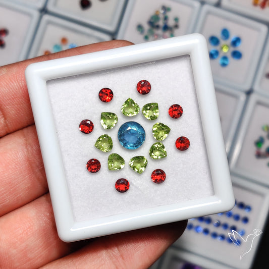 Mozambique Garnets, Peridots & AAA Teal Kyanite Set Faceted