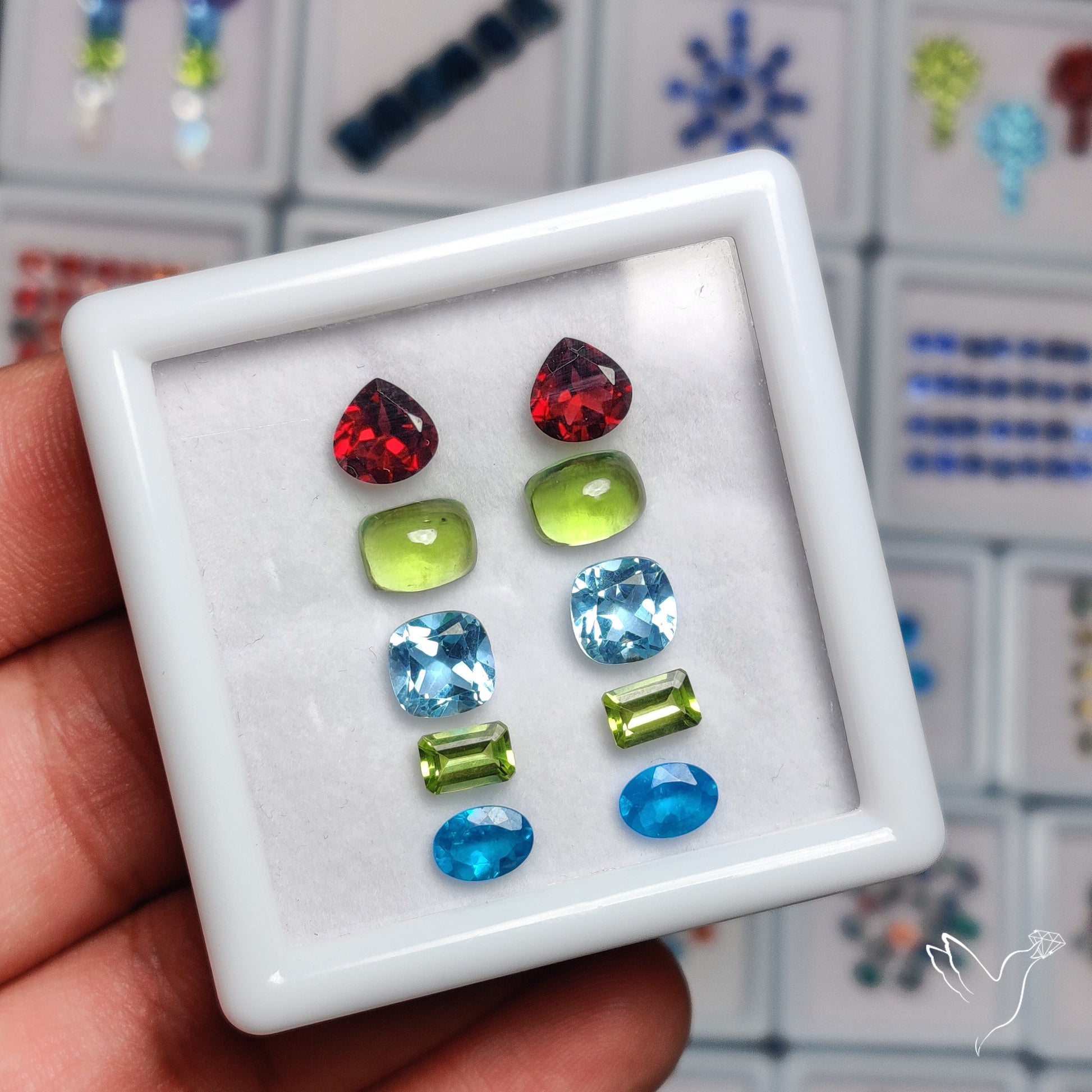 Neon Apatites, Peridot, Blue Topaz & Rhodolite Garnets Paired Set