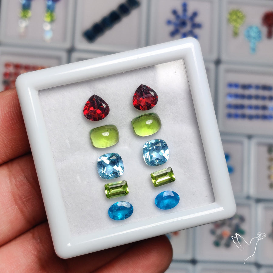 Neon Apatites, Peridot, Blue Topaz & Rhodolite Garnets Paired Set