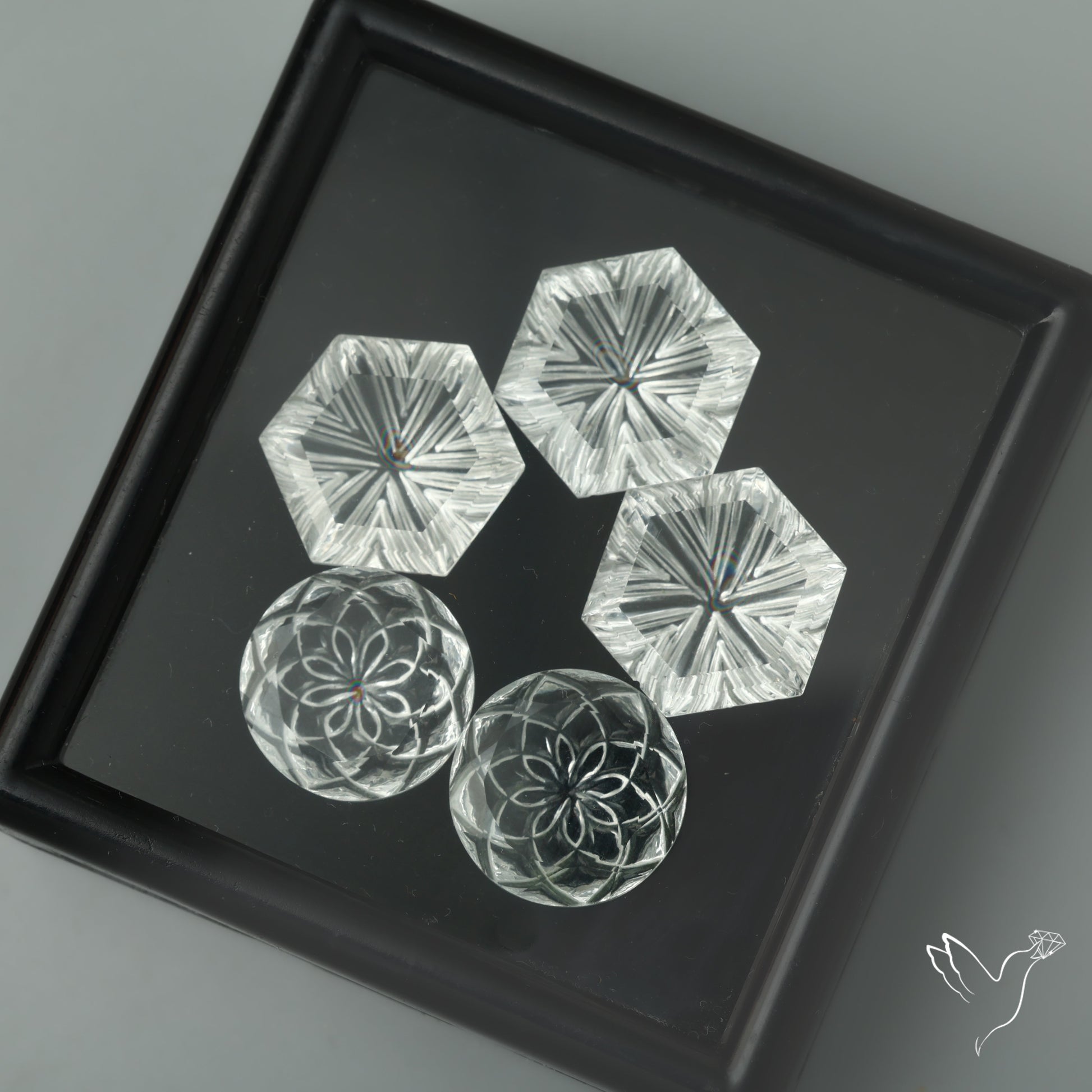 Himalayan Clear Quartz Intaglio Reverse Carving Faceted Hexagon & Rounds Set
