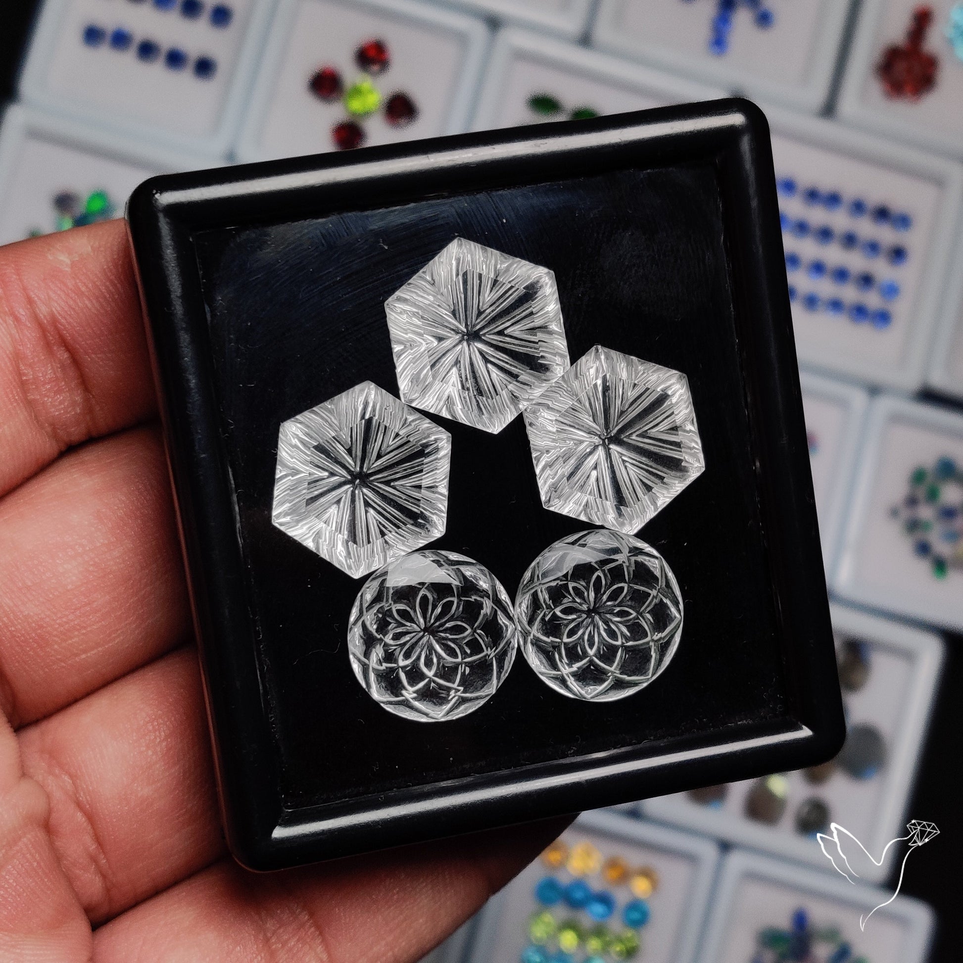 Himalayan Clear Quartz Intaglio Reverse Carving Faceted Hexagon & Rounds Set