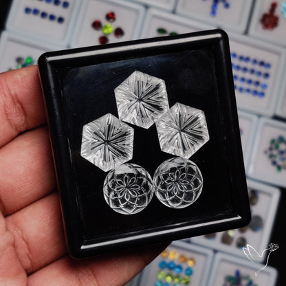 Himalayan Clear Quartz Intaglio Reverse Carving Faceted Hexagon & Rounds Set