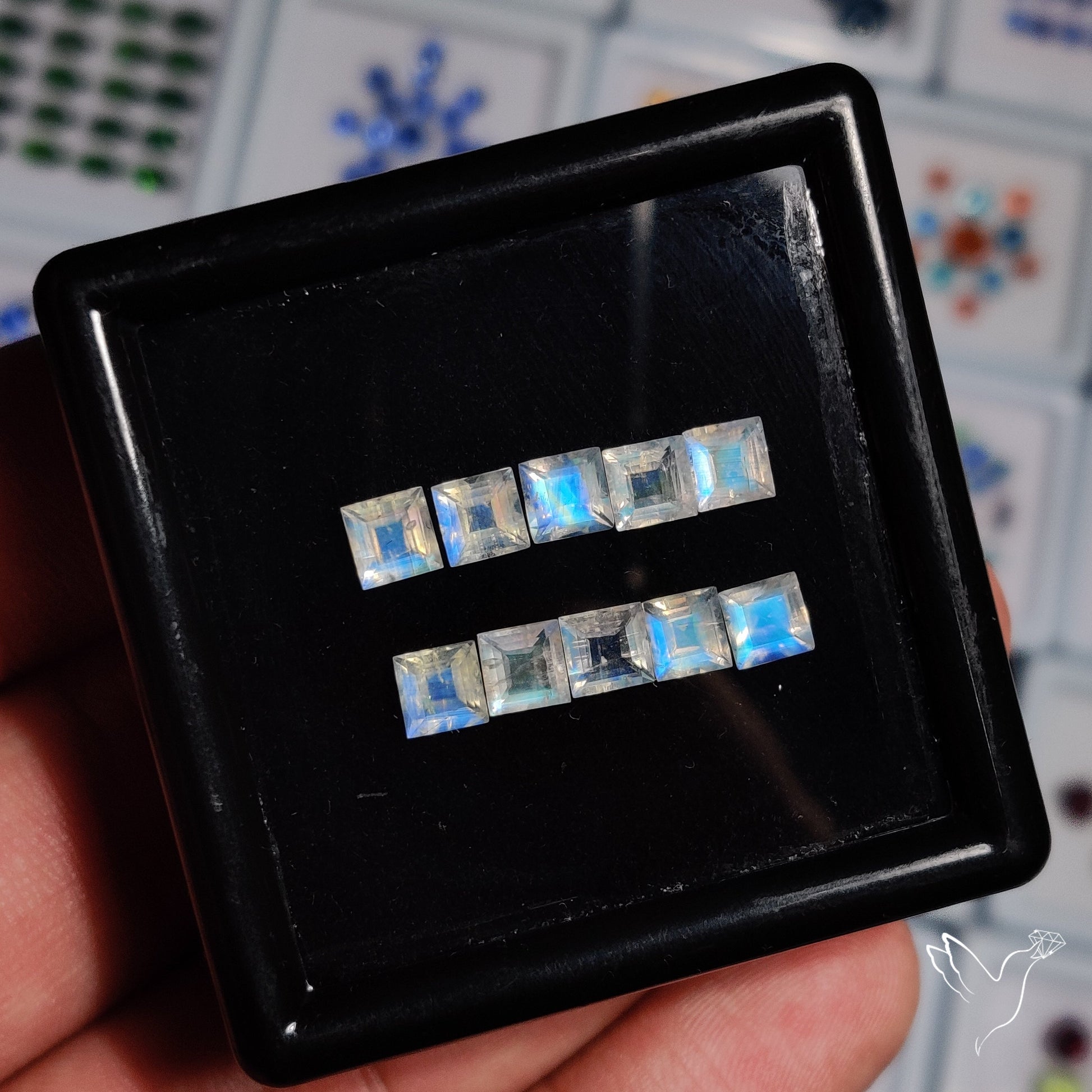 High Grade Rainbow Moonstone Squares Set Blue Sheen
