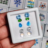 Chrome Diopside, Neon Apatite, Moissanite, Topaz & Rainbow Moonstone Cabochon Mix Paired Set