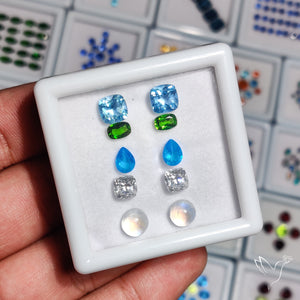 Chrome Diopside, Neon Apatite, Moissanite, Topaz & Rainbow Moonstone Cabochon Mix Paired Set