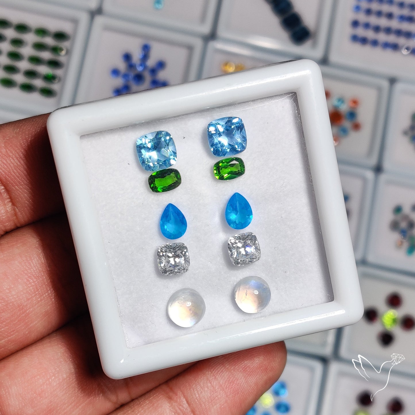 Chrome Diopside, Neon Apatite, Moissanite, Topaz & Rainbow Moonstone Cabochon Mix Paired Set