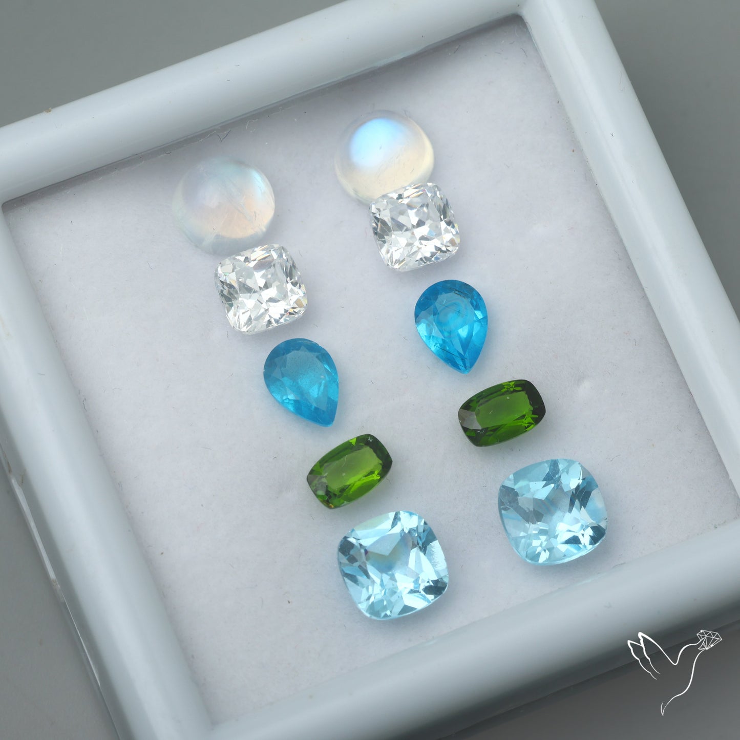 Chrome Diopside, Neon Apatite, Moissanite, Topaz & Rainbow Moonstone Cabochon Mix Paired Set