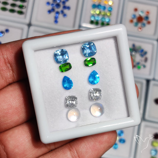 Chrome Diopside, Neon Apatite, Moissanite, Topaz & Rainbow Moonstone Cabochon Mix Paired Set