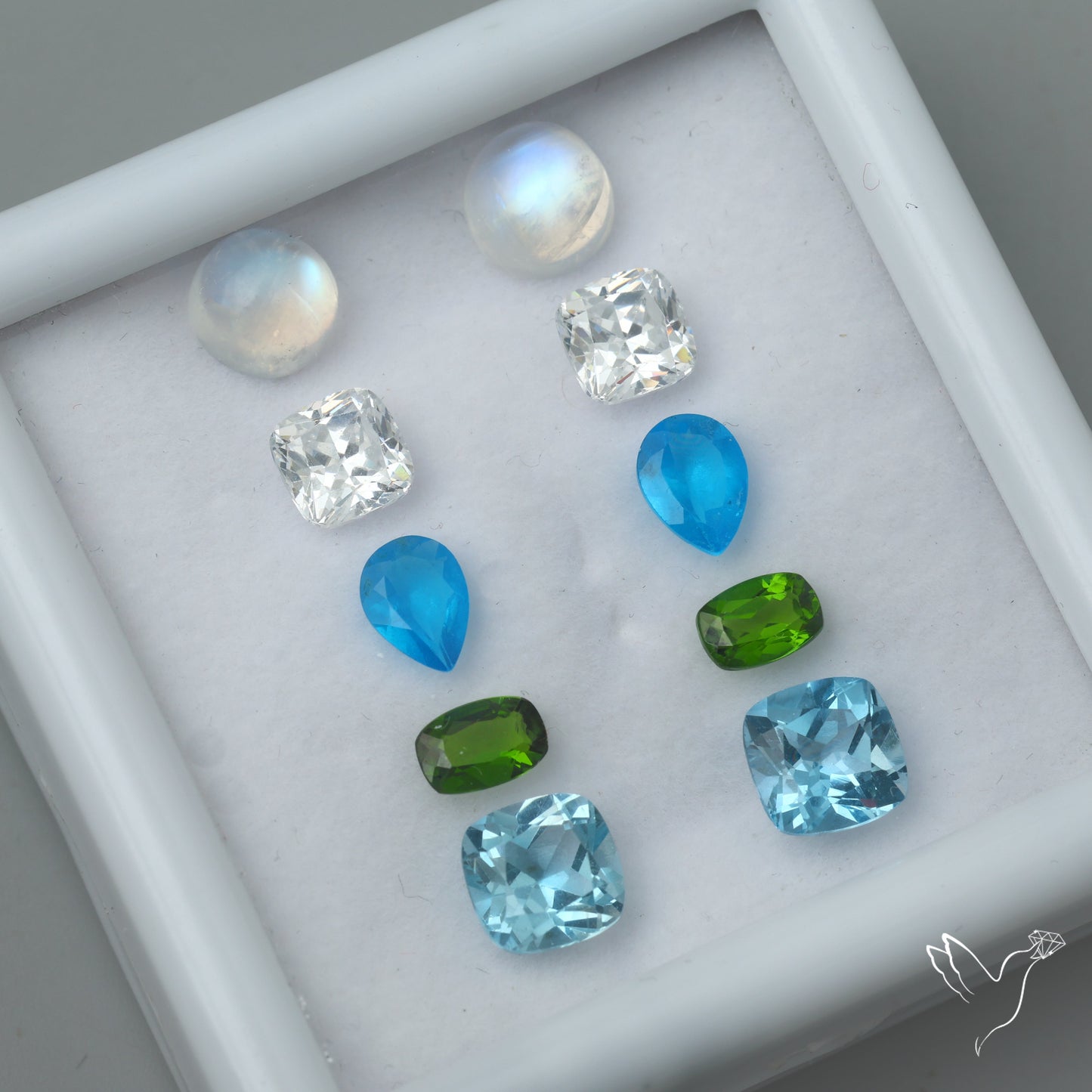 Chrome Diopside, Neon Apatite, Moissanite, Topaz & Rainbow Moonstone Cabochon Mix Paired Set