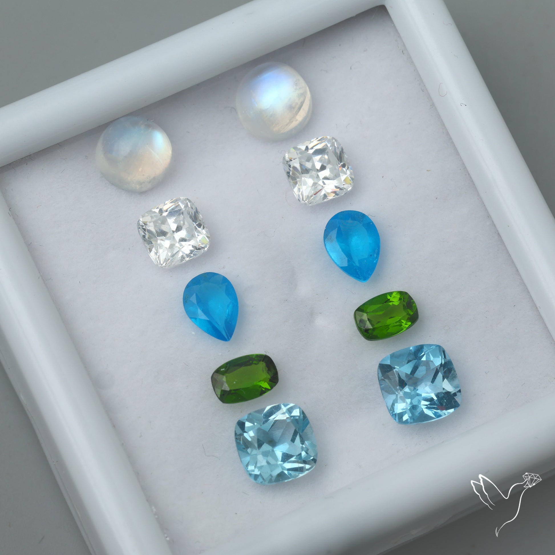 Chrome Diopside, Neon Apatite, Moissanite, Topaz & Rainbow Moonstone Cabochon Mix Paired Set