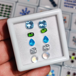 Chrome Diopside, Neon Apatite, Moissanite, Topaz & Rainbow Moonstone Cabochon Mix Paired Set