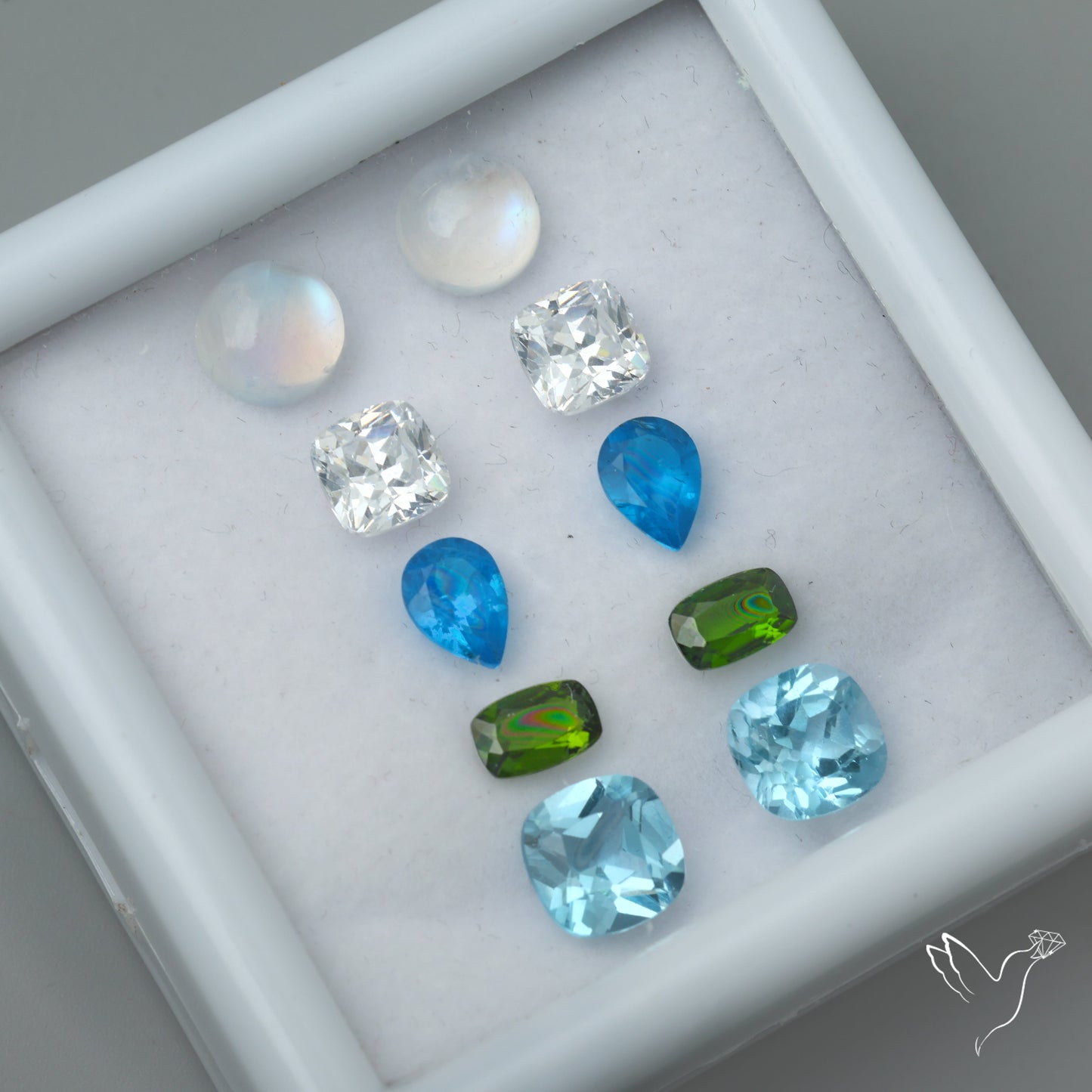 Chrome Diopside, Neon Apatite, Moissanite, Topaz & Rainbow Moonstone Cabochon Mix Paired Set