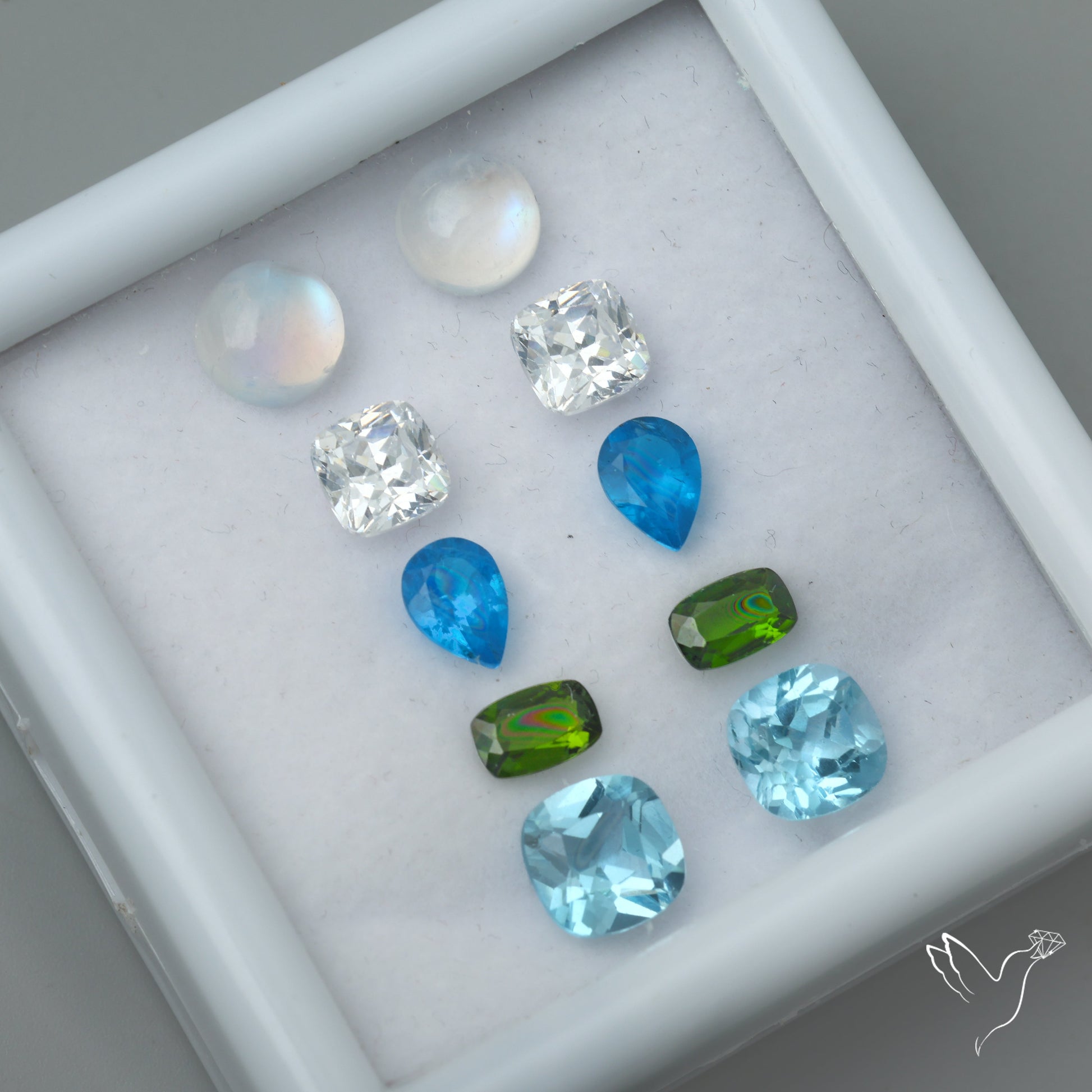 Chrome Diopside, Neon Apatite, Moissanite, Topaz & Rainbow Moonstone Cabochon Mix Paired Set