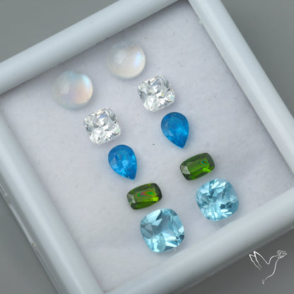 Chrome Diopside, Neon Apatite, Moissanite, Topaz & Rainbow Moonstone Cabochon Mix Paired Set